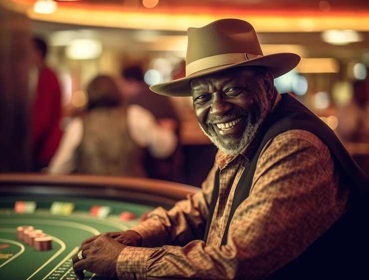 Live casino dealer at multi-camera studio table with gaming chips and cards